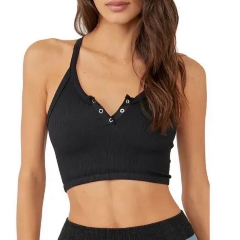 Free People Free Throw Henley Crop Top Black Size Medium NWT